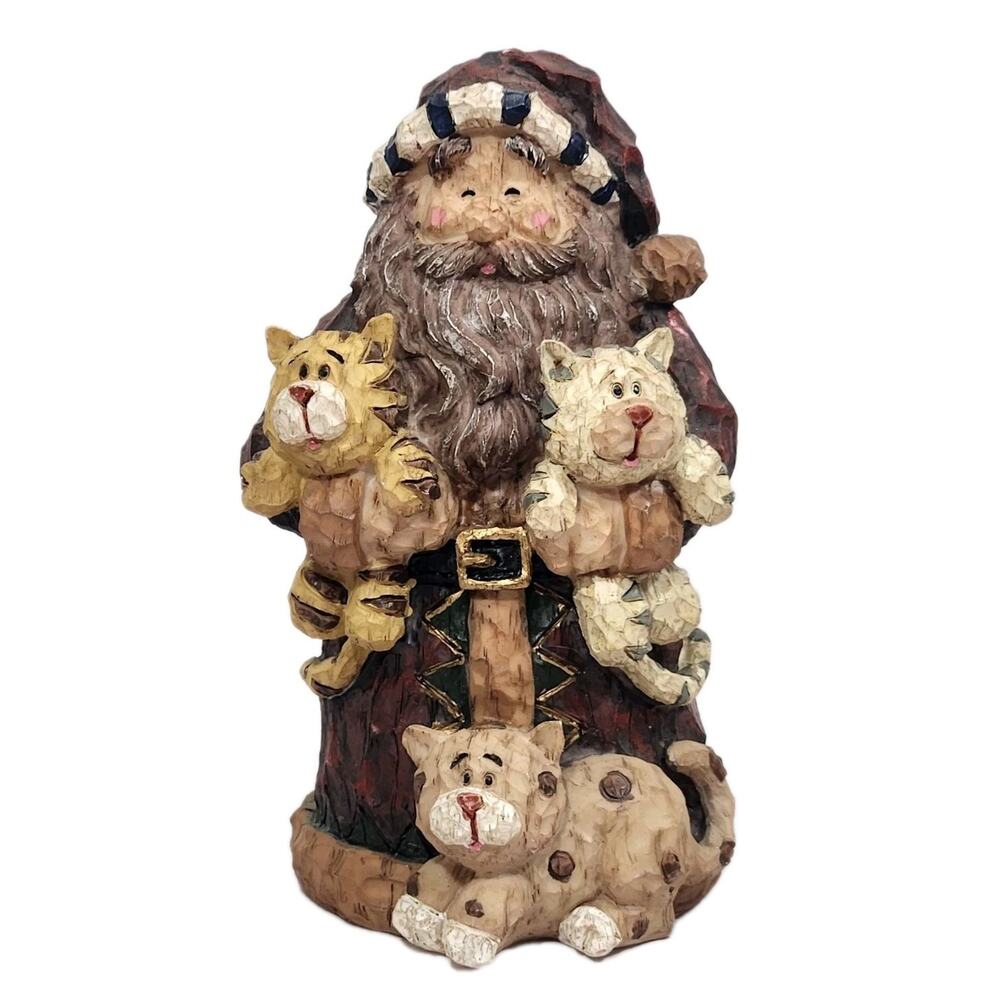 Santa Cats Figure Christmas Decor Carved Wood Look Resin Pet Lover Kitty Animal